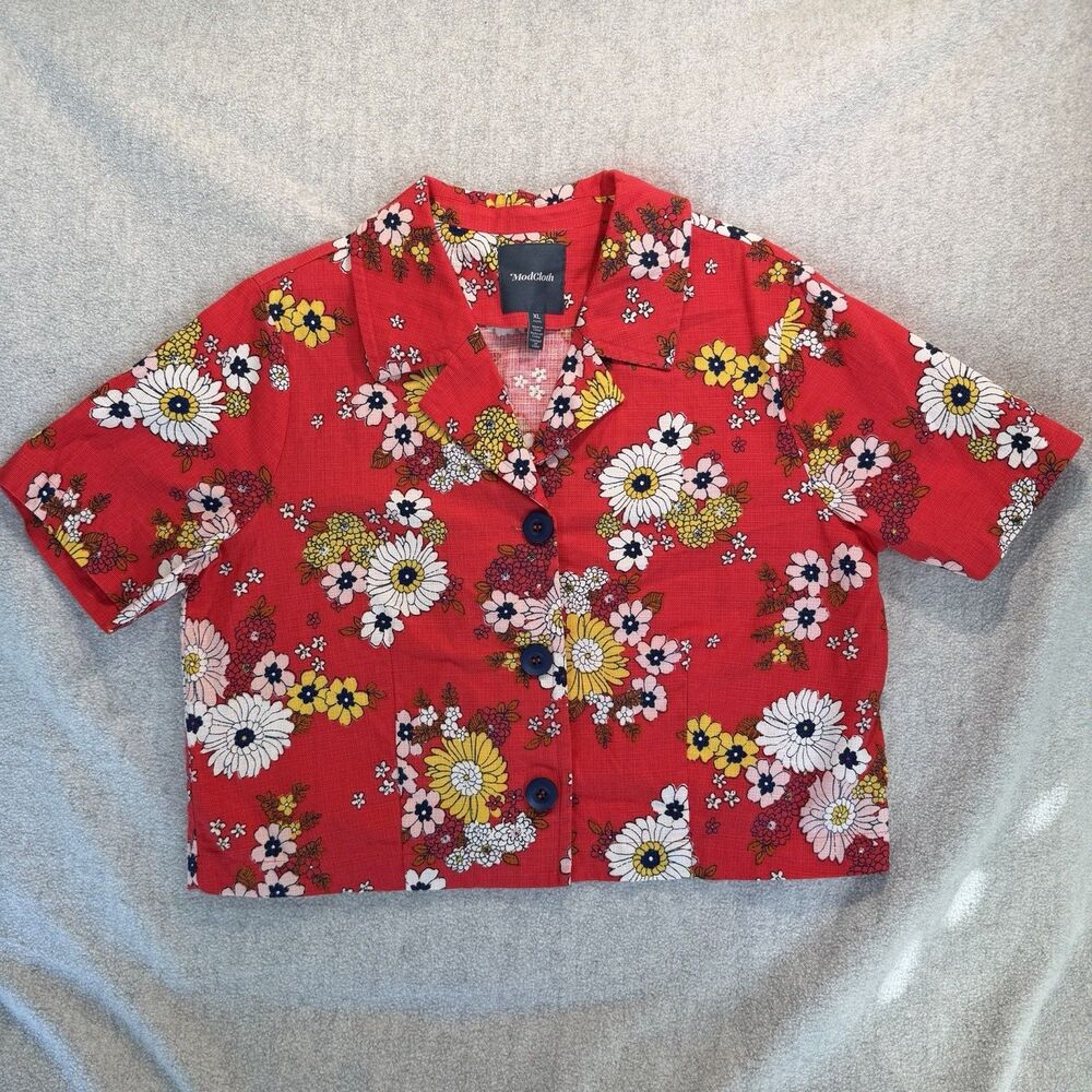 ModCloth Women’s XL Red Floral Button-Up Collared Short Sleeve Woven Cotton Top